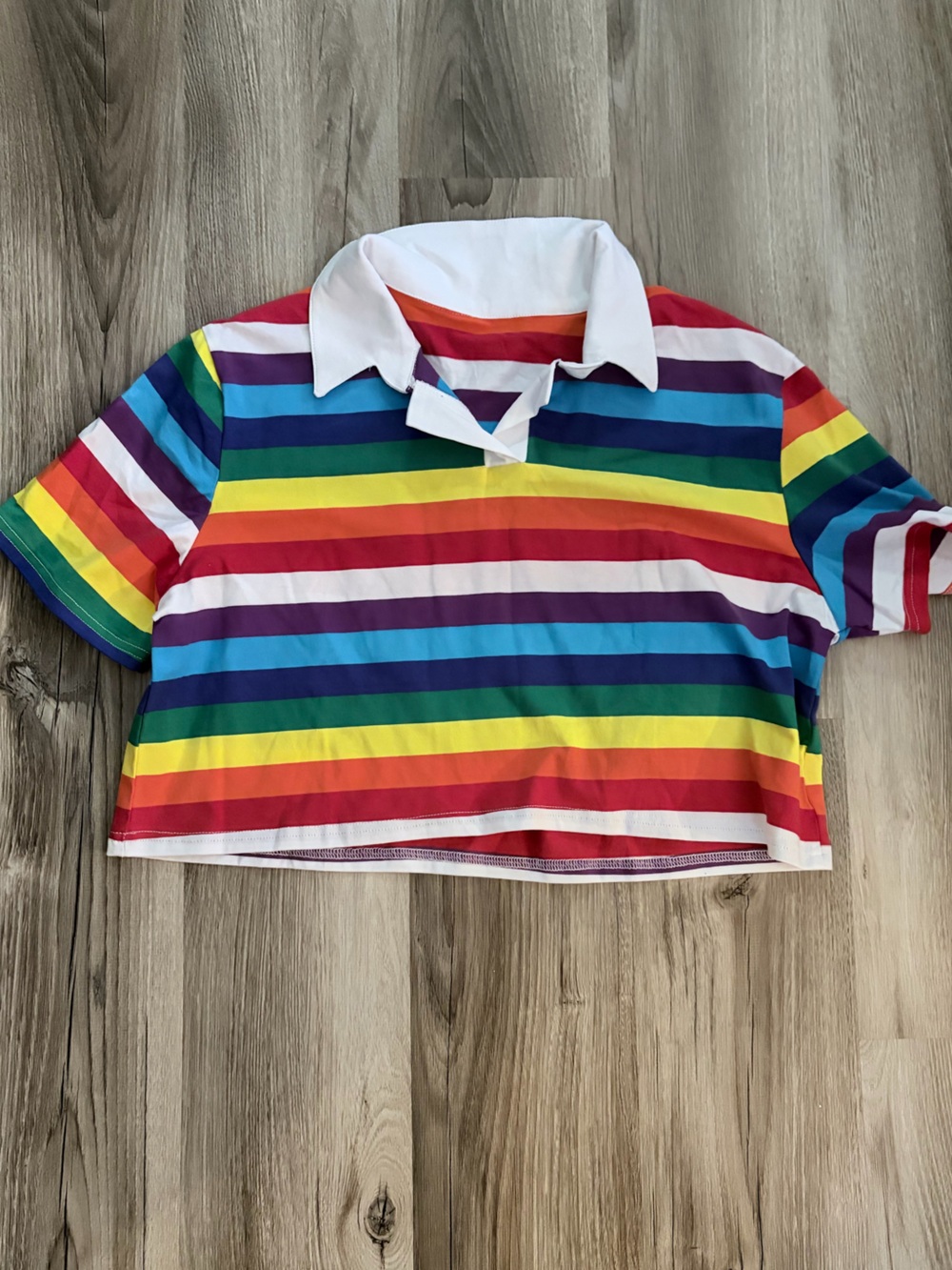 Rainbow Striped Polo Crop Top with White Collar